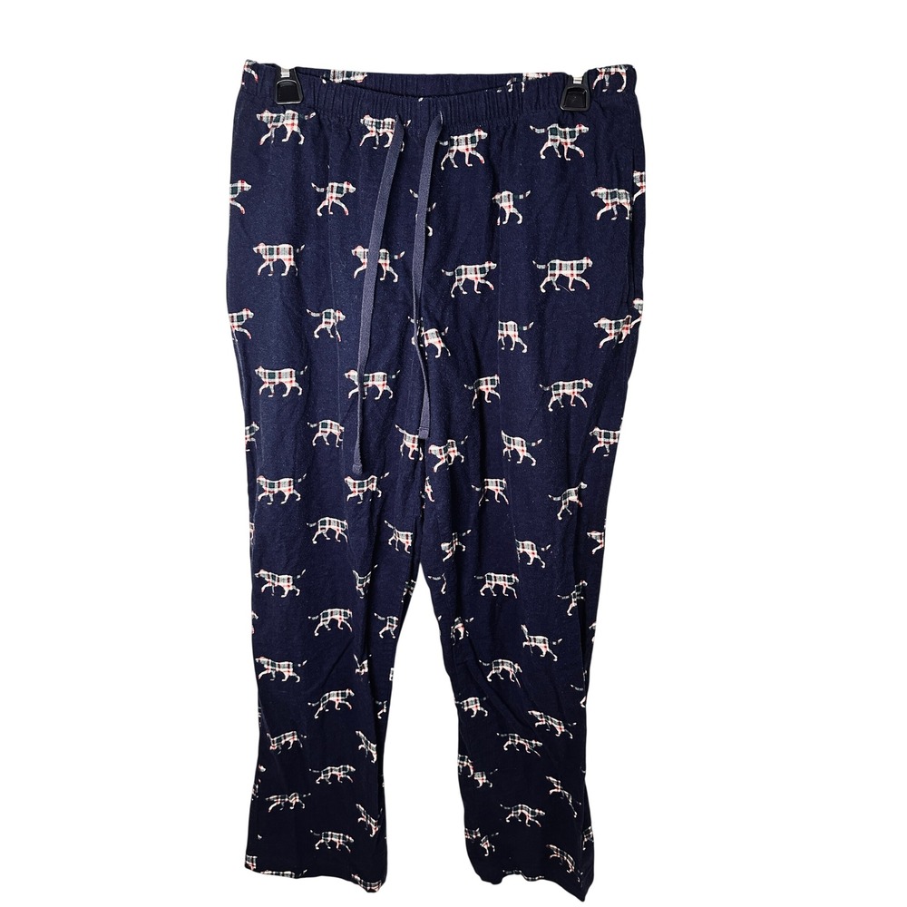 L.L. Bean Pajama Pants Navy Blue Plaid Dog Print Flannel Women's Size Medium